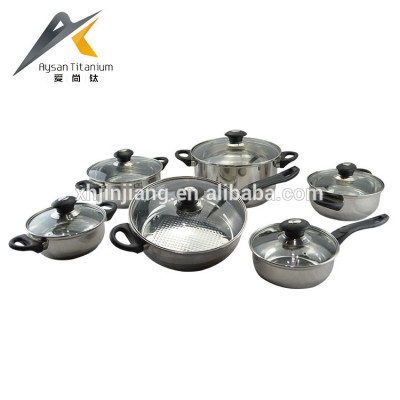 manufacturing 12pcs 0.4mm - 0.6mm boby thickness 4mm C-TYPE glass lid stainless steel non stick cookware set